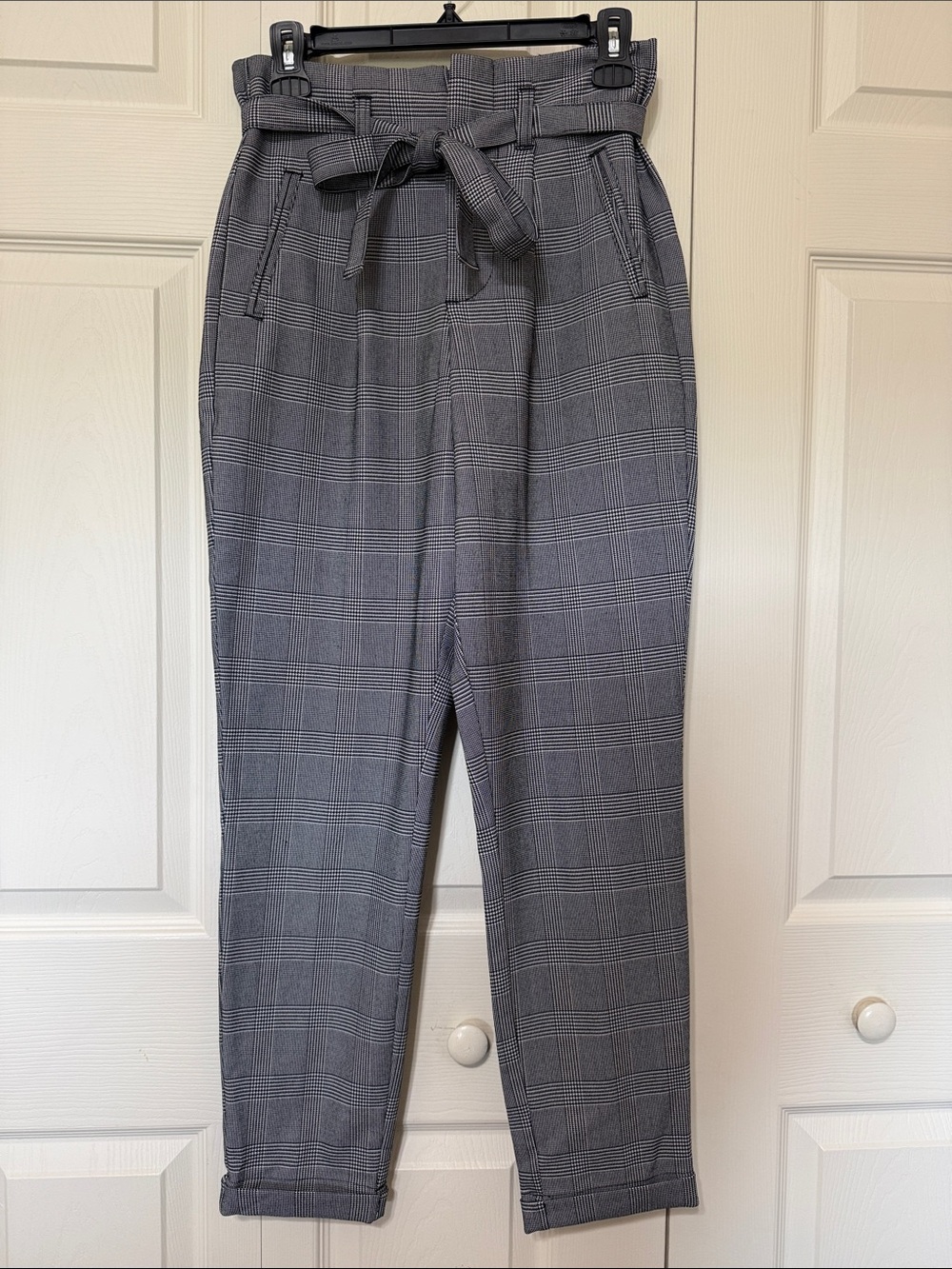 love, Fire Gray Plaid Paperbag Waist Men's Pants with Self-Tie Belt